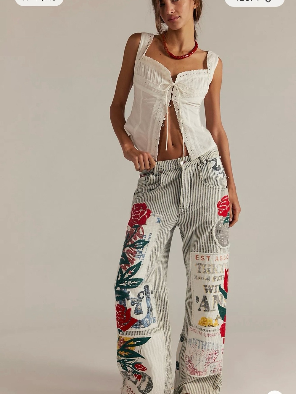 We The Free Lost and Found Embroidered Patchwork Wide-Leg Jeans - White/Striped